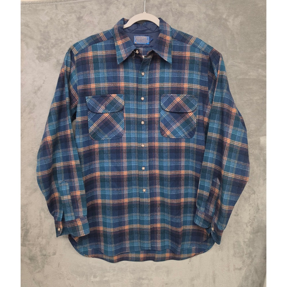 Pendleton Vintage Wool Men's Flannel Shirt Blue Orange Plaid Tiny Moth Holes